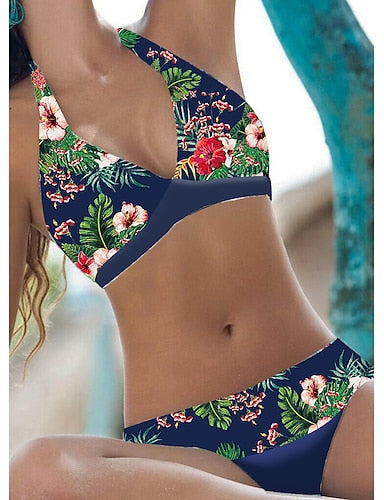 Bikini 2 Piece Swimsuit Cheeky Halter Open Back Tropical V Wire Sleeveless Bathing Suits