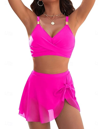 Swimwear Bikini 2 Piece Skirt Swimsuit Slim Backless Vacation Beach Wear Color V Neck Sleeveless Bathing Suits