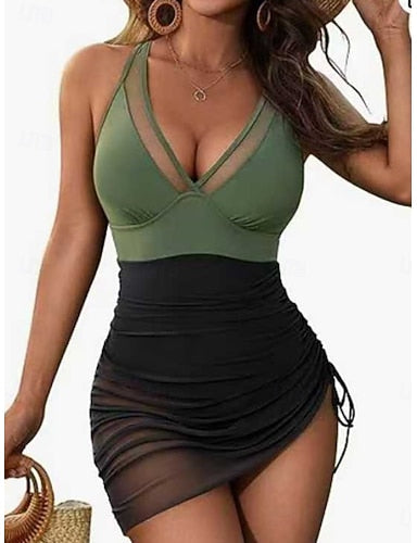 One Piece Swimsuit Slimming Ruched Cutout With Skirt Monokini Mesh Tummy Control High Waist Slim Vacation Beach Wear Color V Neck Sleeveless Bathing Suits