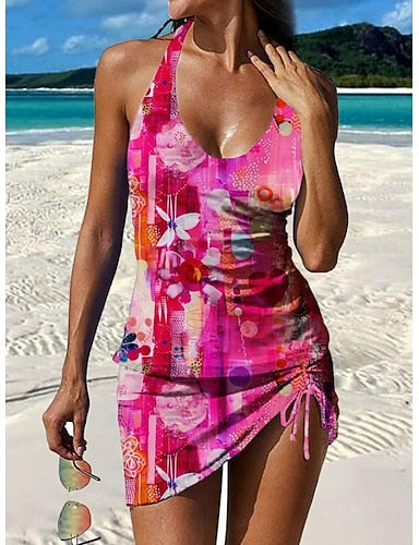 Swimwear Tankini Skirt Swimsuit Halter Vacation Graphic Sleeveless Bathing Suits