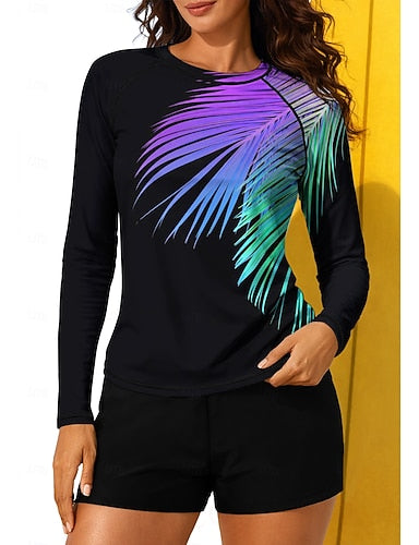 Regular Rash Guard Swimsuit Rash Guard Print Swimsuit Tropical Color-blocking 2 Piece Removable Pad Boyleg Uv Sun Protection Upf50+ Uv Protection Long Sleeve Swimwear Sun Shirt