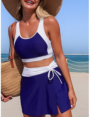 Swimwear Bikini 2 Piece Skirt Swimsuit Tummy Control High Waist Slim Backless Vacation Beach Wear Color Scoop Neck Sleeveless Bathing Suits