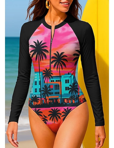 Regular Rash Guard Bathing Suit One Piece Swimsuit Tropical Color-blocking With Built in Bra Upf50+ Uv Protection Stretchy Long Sleeve Swimwear Bodysuit Surfing Beach Water Sports Summer