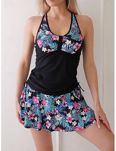 Tankini 2 Piece Swimsuit Ruched Palm Skirt Tummy Control High Waist Slim Backless Vacation Beach Wear Leaves U Neck Sleeveless Bathing Suits