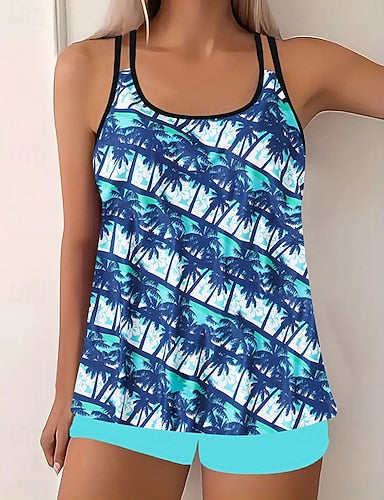 Swimwear 2 Piece Shorts Swimsuit Backless Vacation Beach Wear Graphic Round Neck Sleeveless Bathing Suits