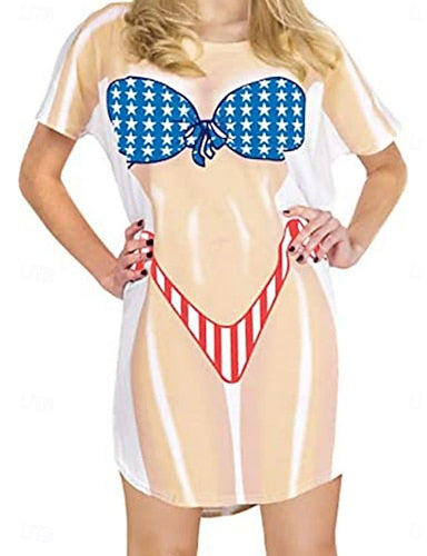 Swimdress Swimsuit Dress Vacation Beach Wear Graphic Flag Round Neck Long Sleeve Bathing Suits