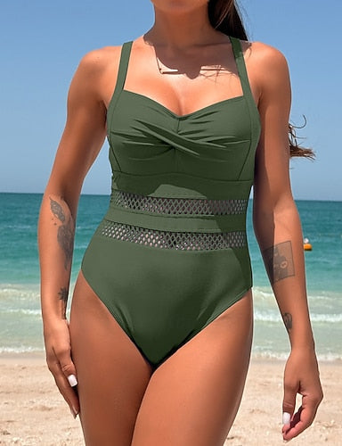 One Piece Swimsuit Cutout Monokini Tummy Control High Waist Slim Backless Vacation Color Halter Neck Sleeveless Bathing Suits