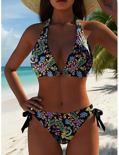 Bikini 2 Piece Swimsuit Palm Cheeky Slim Backless Vacation Beach Wear Graphic V Neck Sleeveless Bathing Suits