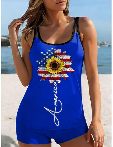 American Independence Day Swimwear Tankini 2 Piece High Waist Swimsuit Backless Vacation Beach Wear Geometric U Neck Sleeveless Bathing Suits