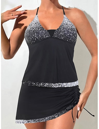 Tankini 2 Piece Swimsuit Ruched Skirt Tummy Control High Waist Slim Backless Vacation Beach Wear Ombre Halter Neck Sleeveless Bathing Suits
