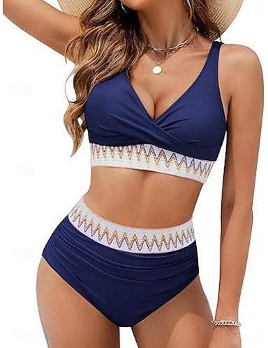 Bikini 2 Piece Swimsuit Ruched Underwire Briefs Slim Backless Vacation Beach Wear Color V Neck Sleeveless Bathing Suits