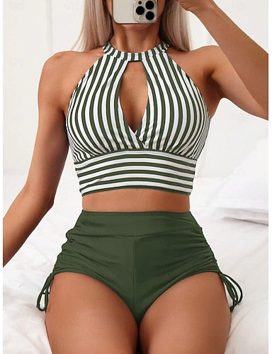 Tankini 2 Piece Swimsuit Ruched Briefs Tummy Control High Waist Slim Backless Vacation Beach Wear Striped Halter Neck Sleeveless Bathing Suits