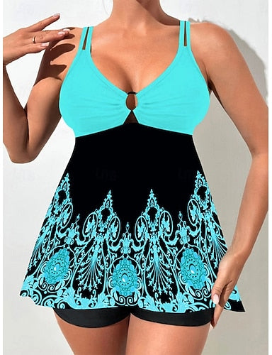 Tankini 2 Piece Swimsuit Shorts Tummy Control High Waist Slim Backless Vacation Beach Wear Ombre Color Block V Neck Sleeveless Bathing Suits