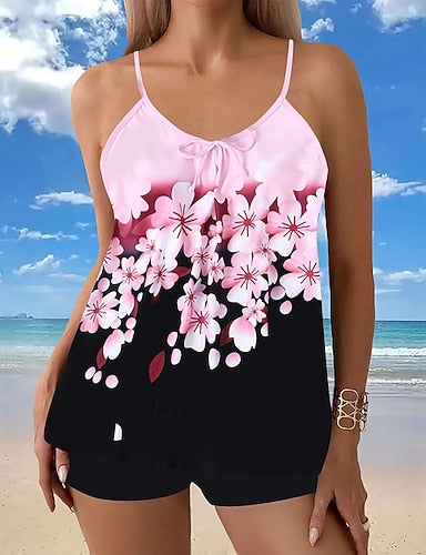Swimwear 2 Piece Shorts Swimsuit Backless Vacation Beach Wear Graphic U Neck Sleeveless Bathing Suits