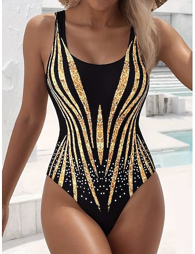 Swimwear One Piece Briefs Swimsuit Vacation Graphic Geometric Round Neck Sleeveless Bathing Suits