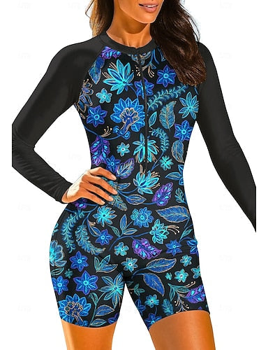 Regular Rash Guard Bathing Suit Athletic Swimwear Paisley Tropical Removable Pad Front Zip Boyleg Uv Sun Protection Upf50+ Stretchy Long Sleeve Swimwear Bodysuit Surfing Beach Water