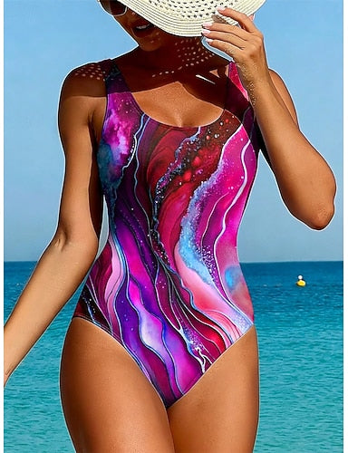 Swimwear One Piece High Cut Swimsuit Beach Wear Summer Graphic Geometic U Neck Sleeveless Bathing Suits