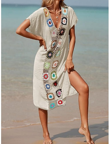 Cover Up Swimsuit Dress Patchwork Vacation Beach Wear Color V Neck Short Sleeves Bathing Suits