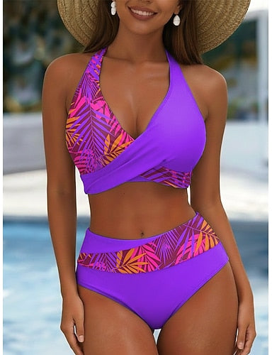 Bikini 2 Piece Swimsuit Palm Skirt Vacation Graphic V Neck Sleeveless Bathing Suits