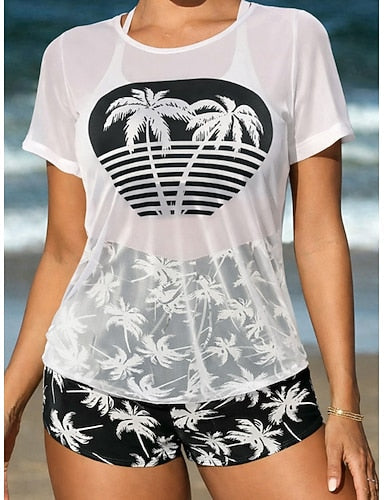 Swimwear One Piece Bikini Shorts Swimsuit Drawstring Vacation Beach Wear Graphic Round Neck Long Sleeve Bathing Suits