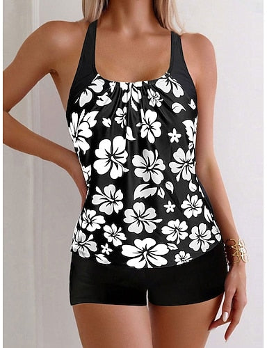 Tankini 2 Piece Swimsuit Shorts Tummy Control High Waist Slim Backless Vacation Beach Wear U Neck Sleeveless Bathing Suits