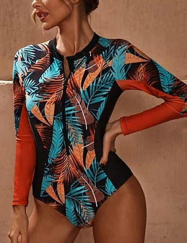 Rash Guard One Piece Swimsuit Tropical Uv Sun Protection Upf50+ Quick Dry Long Sleeve Swimwear Bathing Suit Surfing Beach Water Sports Summer