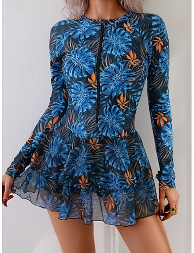 Swimwear Tankini 2 Piece Skirt Swimsuit Tummy Control High Waist Slim Vacation Round Neck Long Sleeve Bathing Suits