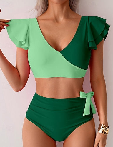 Swimwear 2 Piece Cheeky Swimsuit Ruched Patchwork Backless Vacation Beach Wear Color Block V Neck Sleeveless Bathing Suits