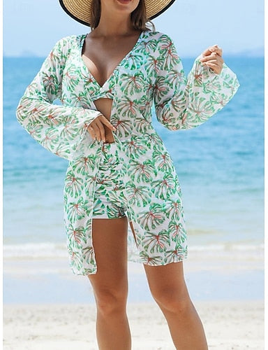 Bikini 3 Piece Swimsuit Palm Shorts Slim Backless Vacation Beach Wear Leaves V Neck Sleeveless Bathing Suits