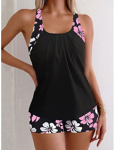 Swimwear Tankini 2 Piece Boy Leg Swimsuit Backless High Waist Vacation Beach Wear U Neck Sleeveless Bathing Suits