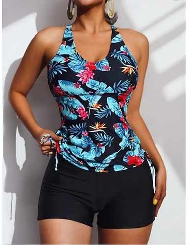 Swimwear Tankini 2 Piece Shorts Swimsuit Tummy Control High Waist Slim Backless Vacation Beach Wear Tropical U Neck Sleeveless Bathing Suits