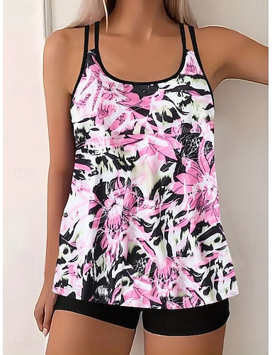 Tankini 2 Piece Swimsuit Palm Shorts Tummy Control High Waist Slim Backless Vacation Beach Wear Color Block U Neck Sleeveless Bathing Suits