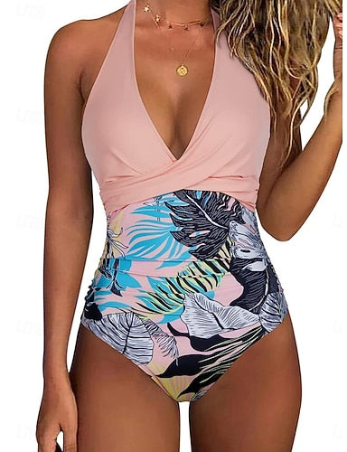 One Piece Swimsuit Ruched Leopard Monokini Tummy Control High Waist Slim Backless Vacation Beach Wear Halter Neck Sleeveless Bathing Suits