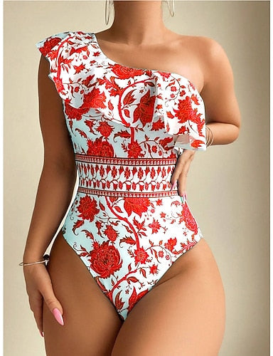 Swimwear One Piece Monokini Swimsuit Ruffle Tummy Control High Waist Slim Backless Vacation Asymmetric Neck Sleeveless Bathing Suits