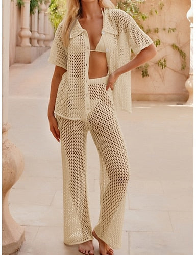 Swimwear Cover Up 2 Piece Swimsuit Cut Out Knitted Vacation Beach Wear Color Round Neck Short Sleeves Bathing Suits