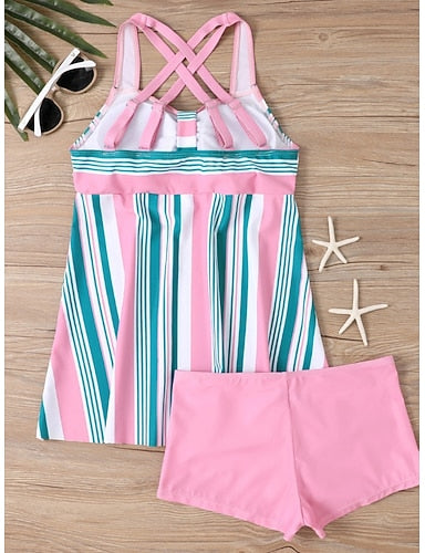 Tankini 2 Piece Swimsuit Boy Leg Tummy Control High Waist Slim Backless Vacation Beach Wear Geometric Paisley V Neck Sleeveless Bathing Suits