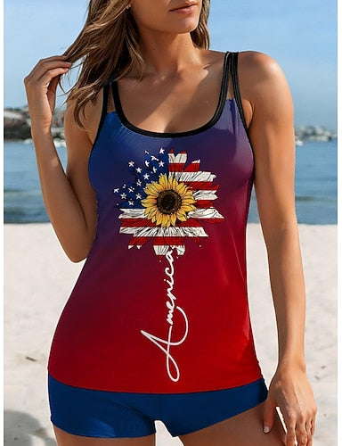 American Independence Day Swimwear Tankini 2 Piece High Waist Swimsuit Backless Vacation Beach Wear Geometric U Neck Sleeveless Bathing Suits