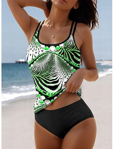 Tankini 2 Piece Swimsuit Leopard Shorts Printing Vacation Beach Wear Graphic Sleeveless Bathing Suits