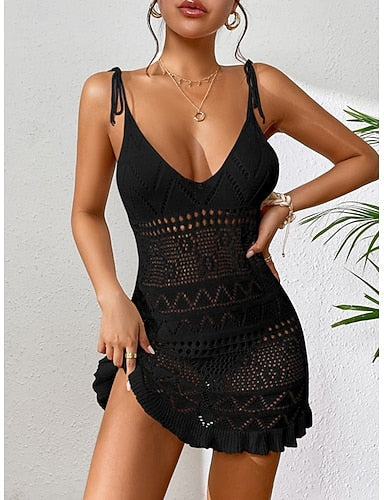 Swimwear Cover Up Swim Dress Swimsuit Cut Out Vacation Beach Wear Color V Neck Sleeveless Bathing Suits
