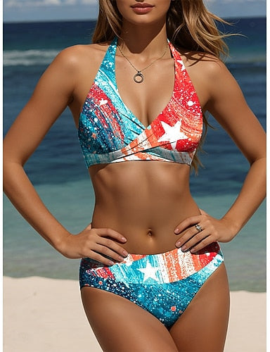 American Independence Day Swimwear Bikini Briefs Swimsuit Vacation Graphic Flag Halter Neck Sleeveless Bathing Suits