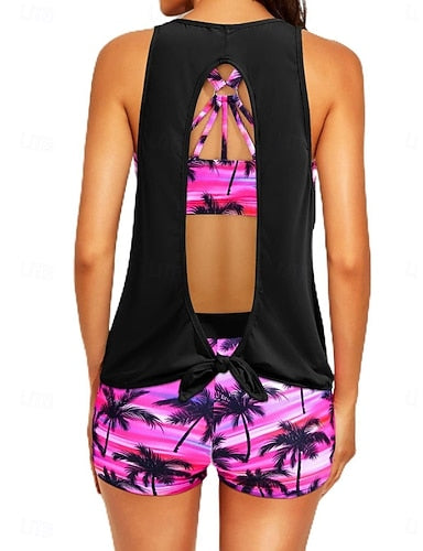 Tankini 3 Piece Swimsuit Shorts Tummy Control High Waist Slim Backless Vacation Beach Wear Graphic U Neck Sleeveless Bathing Suits