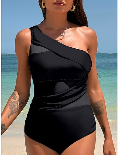 One Piece Swimsuit Ruched Monokini Mesh Tummy Control High Waist Slim Backless Vacation Color Halter Neck Sleeveless Bathing Suits