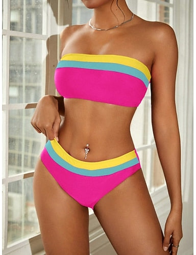Swimwear Bikini 2 Piece Cheeky Swimsuit Slim Backless Vacation Beach Wear Stripe Strapless Sleeveless Bathing Suits