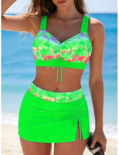 Swimwear Tankini 2 Piece Skirt Swimsuit Vacation Graphic Tropical V Neck Sleeveless Bathing Suits