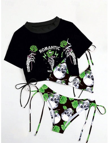 Bikini 3 Piece Swimsuit Skirt Slim Backless Vacation Beach Wear Skull Halter Neck Short Sleeves Bathing Suits