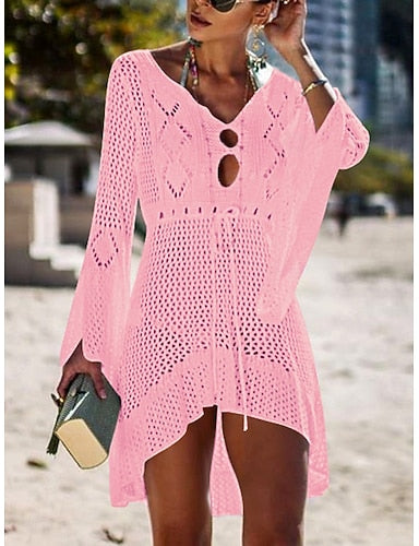 Swimwear Cover Up Beach Dresses Swimsuit High Waist Slim Vacation Beach Wear Color V Neck Long Sleeve