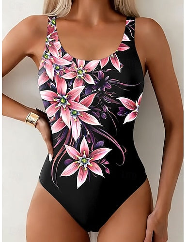 Swimwear One Piece Briefs Swimsuit Vacation Graphic Round Neck Sleeveless Bathing Suits