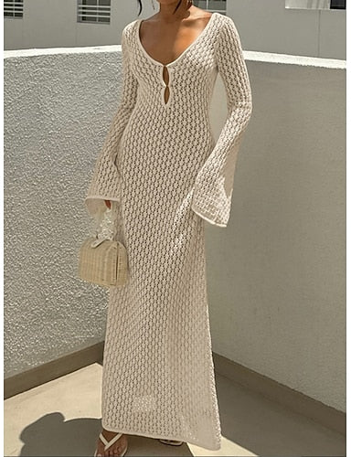 Swimwear Cover Up Swim Dress Swimsuit Crochet Vacation Beach Wear Color V Neck Long Sleeve Bathing Suits