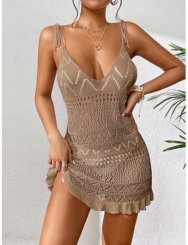 Swimwear Cover Up Swim Dress Swimsuit Cut Out Vacation Beach Wear Color V Neck Sleeveless Bathing Suits