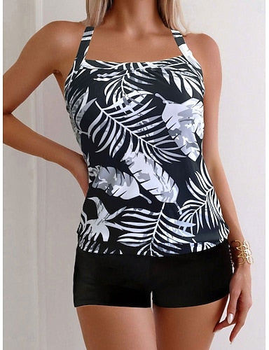 Tankini 2 Piece Swimsuit Palm Shorts Tummy Control High Waist Slim Backless Vacation Beach Wear Scoop Neck Sleeveless Bathing Suits